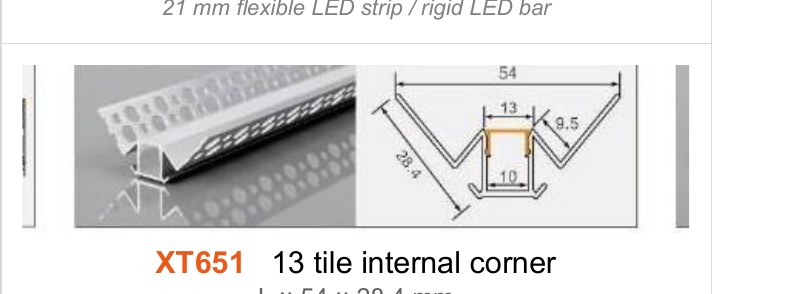 XT651 XT651 13 tile internal corner — photo and dimension drawing