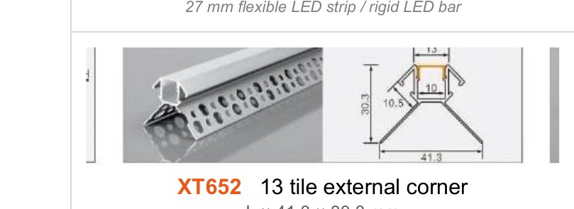 XT652 XT652 13 tile external corner — photo and dimension drawing