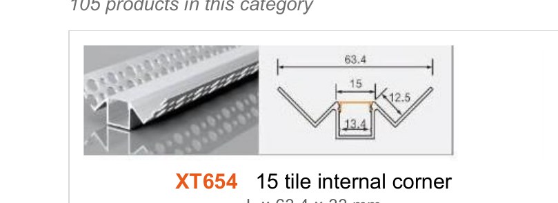 XT654 XT654 15 tile internal corner — photo and dimension drawing